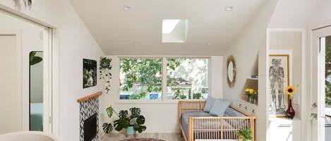 Smart TV, fireplace, books