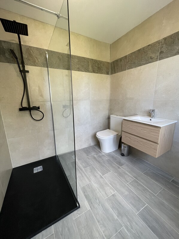 A modern bathroom with a glass-enclosed shower, a white toilet, and a wooden vanity with a sink.