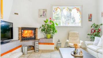 Smart-tv, een open haard, een dvd-speler en boeken