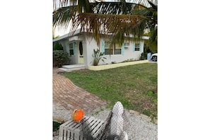 Stylish single-story home with a flat roof, front yard, and a garden featuring a palm tree.