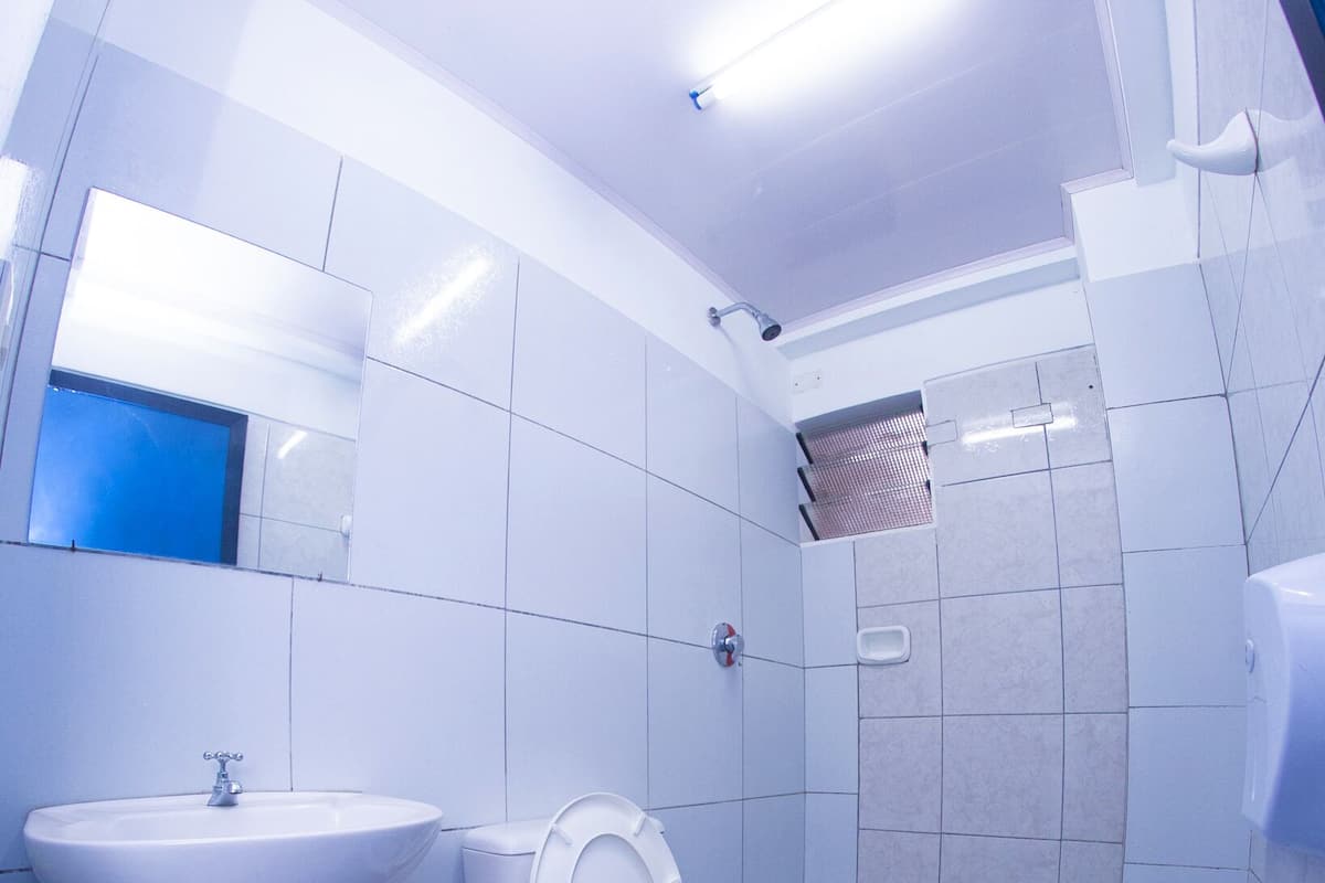 Ein Badezimmer mit weißem Waschbecken, WC und Duschbereich.