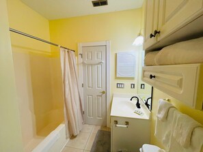 Hair dryer, towels, toilet paper