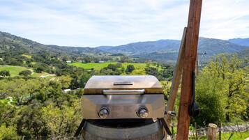 A NEXGRILL barbecue grill with a view of a rural landscape.