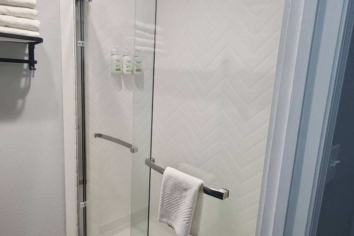 hair dryer, towels, soap, shampoo