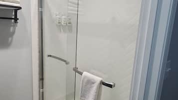 Hair dryer, towels, soap, shampoo