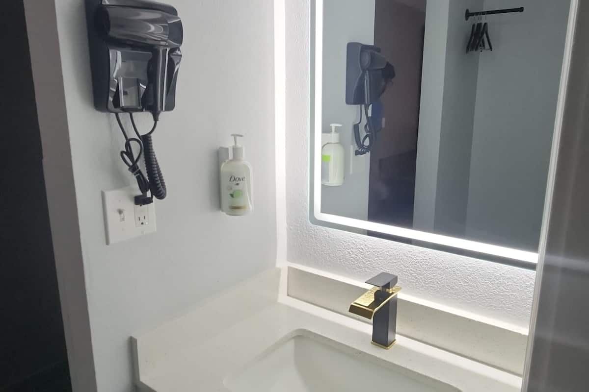 hair dryer, towels, soap, shampoo