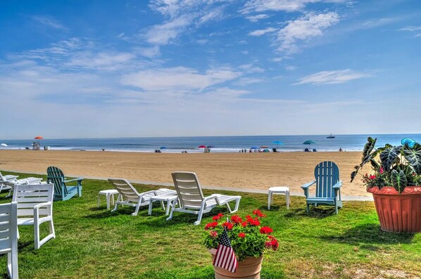 On the beach, sun-loungers, beach towels