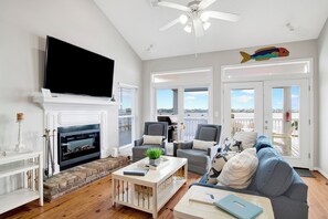 Smart TV, fireplace, books