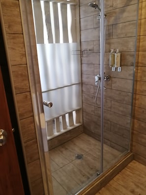 Een douche, een hydromassagedouche, een haardroger, handdoeken