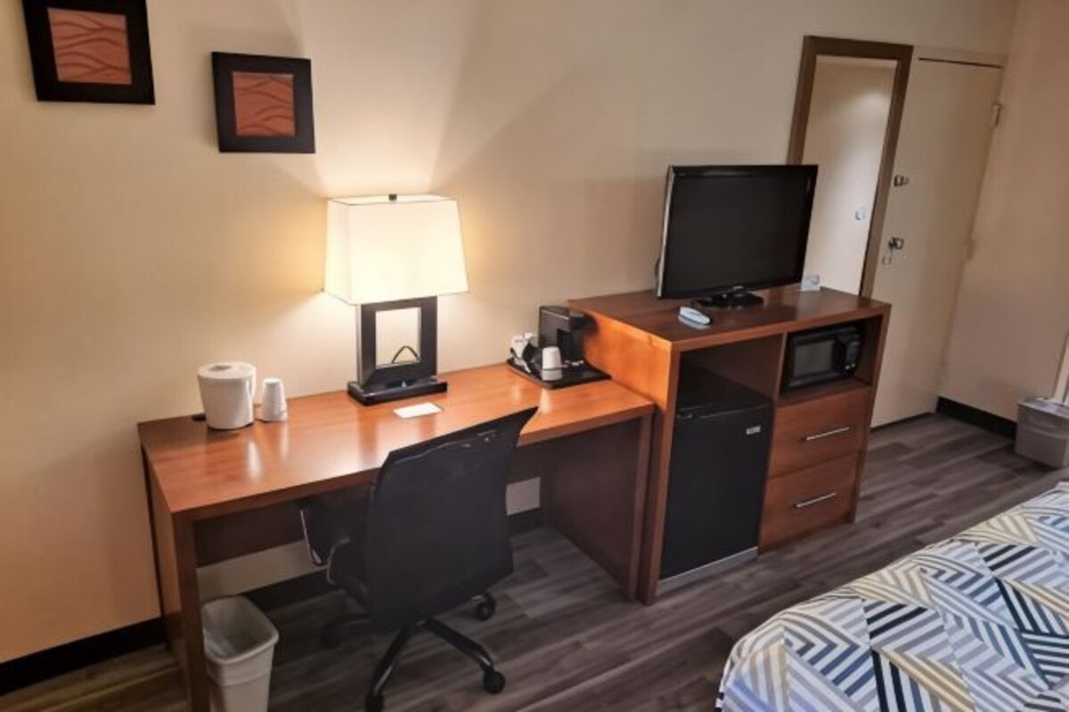 A hotel room with a wooden desk, a chair, a television, a microwave, a small refrigerator, a bedside table, and a bed.