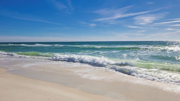 A beach with waves approaching the shore under a clear sky. - Short Walk to The Beach! Community Pool! Sleeps 8! (Panama City Beach)