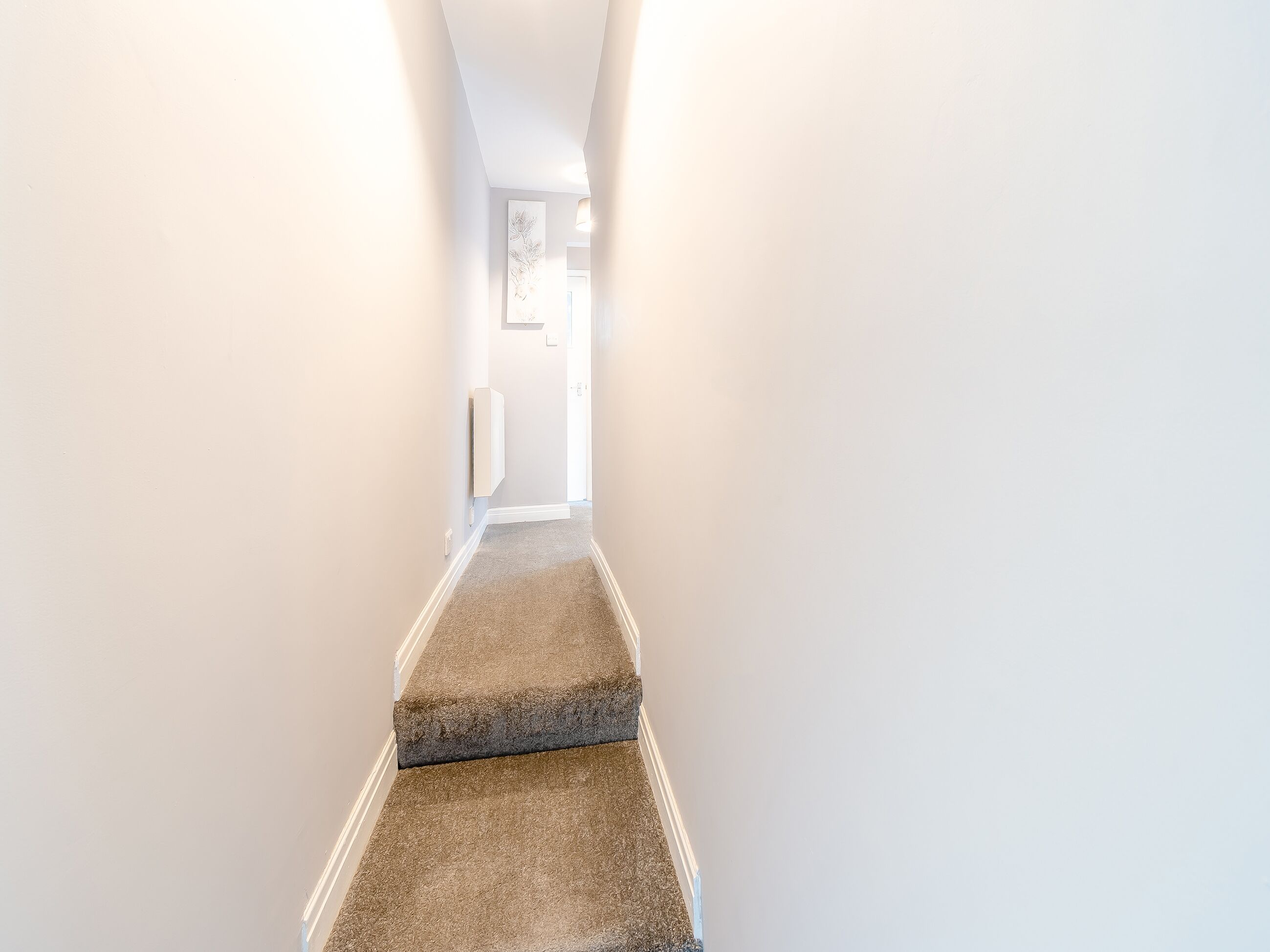 A narrow hallway with carpeted stairs leading to a door.