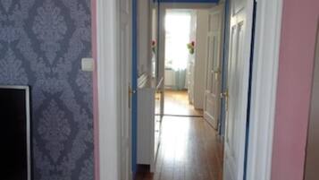 A hallway with wooden flooring, white doors, and a patterned wallpaper on one side.