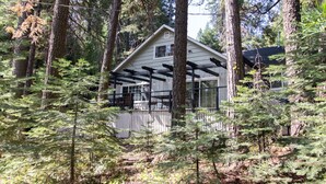 Une maison entourée de grands arbres, dotée d’une terrasse en bois et d’un patio couvert.