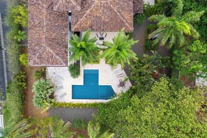 An aerial view of a property with a swimming pool, surrounded by palm trees and a tiled roof.