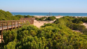 A wooden boardwalk leading to a beach with dense green shrubbery in the foreground. - Beautiful apartment in Santa Pola (Santa Pola)
