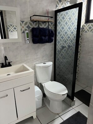 Shower, towels, soap, shampoo