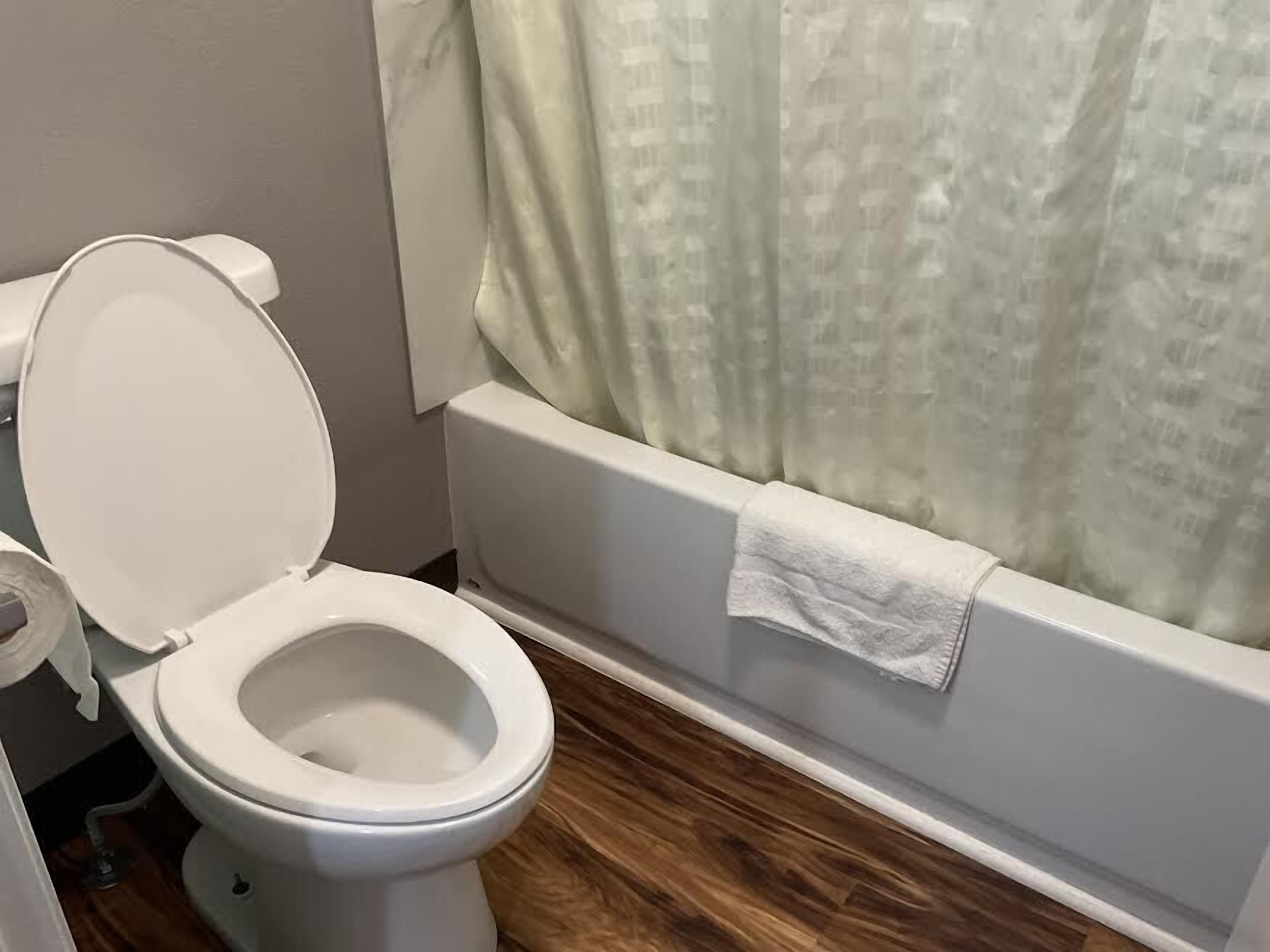Een badkamer met een wit toilet, een douchegordijn en een handdoek aan de badkuip.