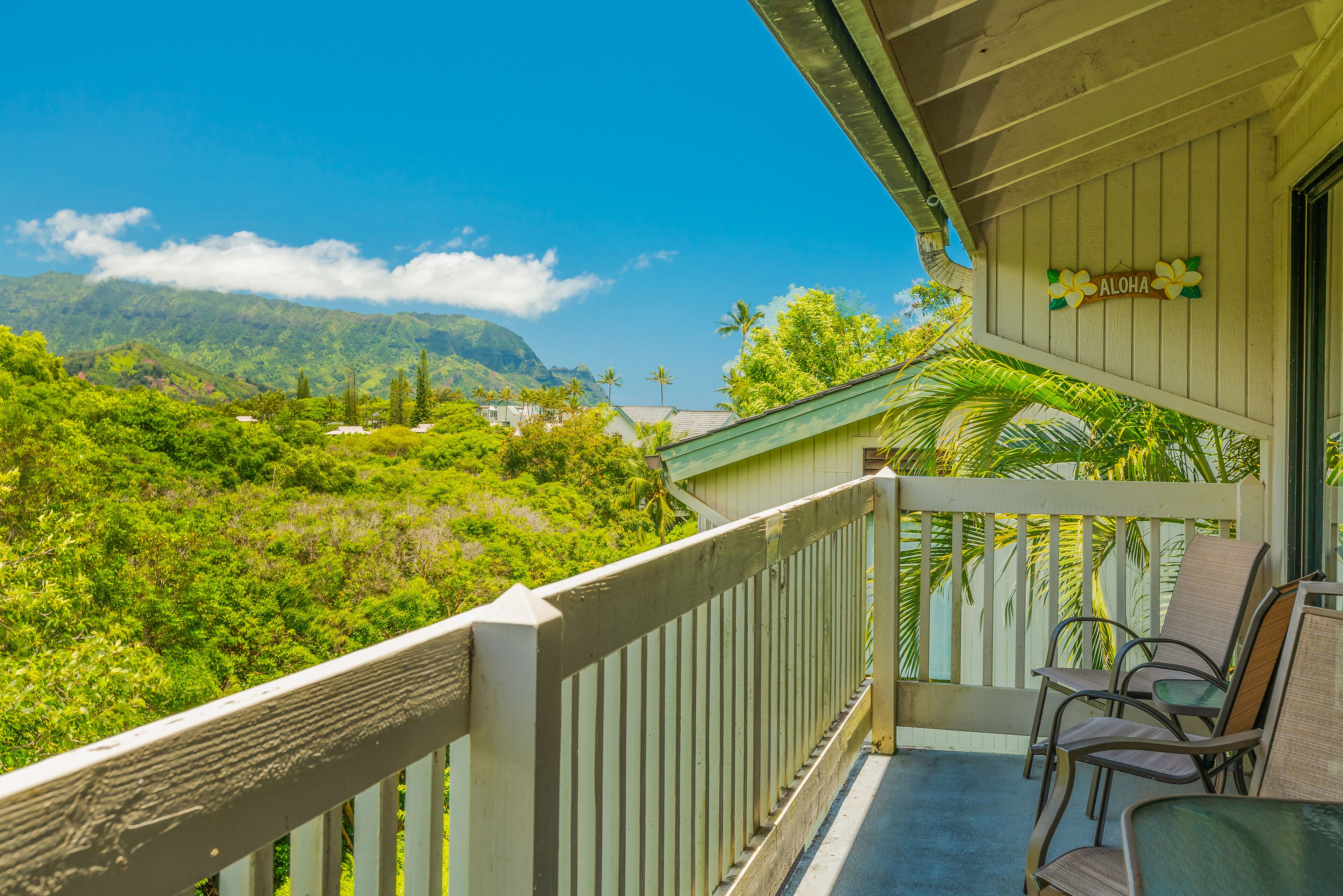 Top floor 1BR with AC, beach gear, lanai, and mountain views. Walk to the beach!