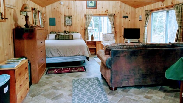 L’intérieur d’une cabane avec un lit, un canapé, une télévision, des murs en bois et une fenêtre.