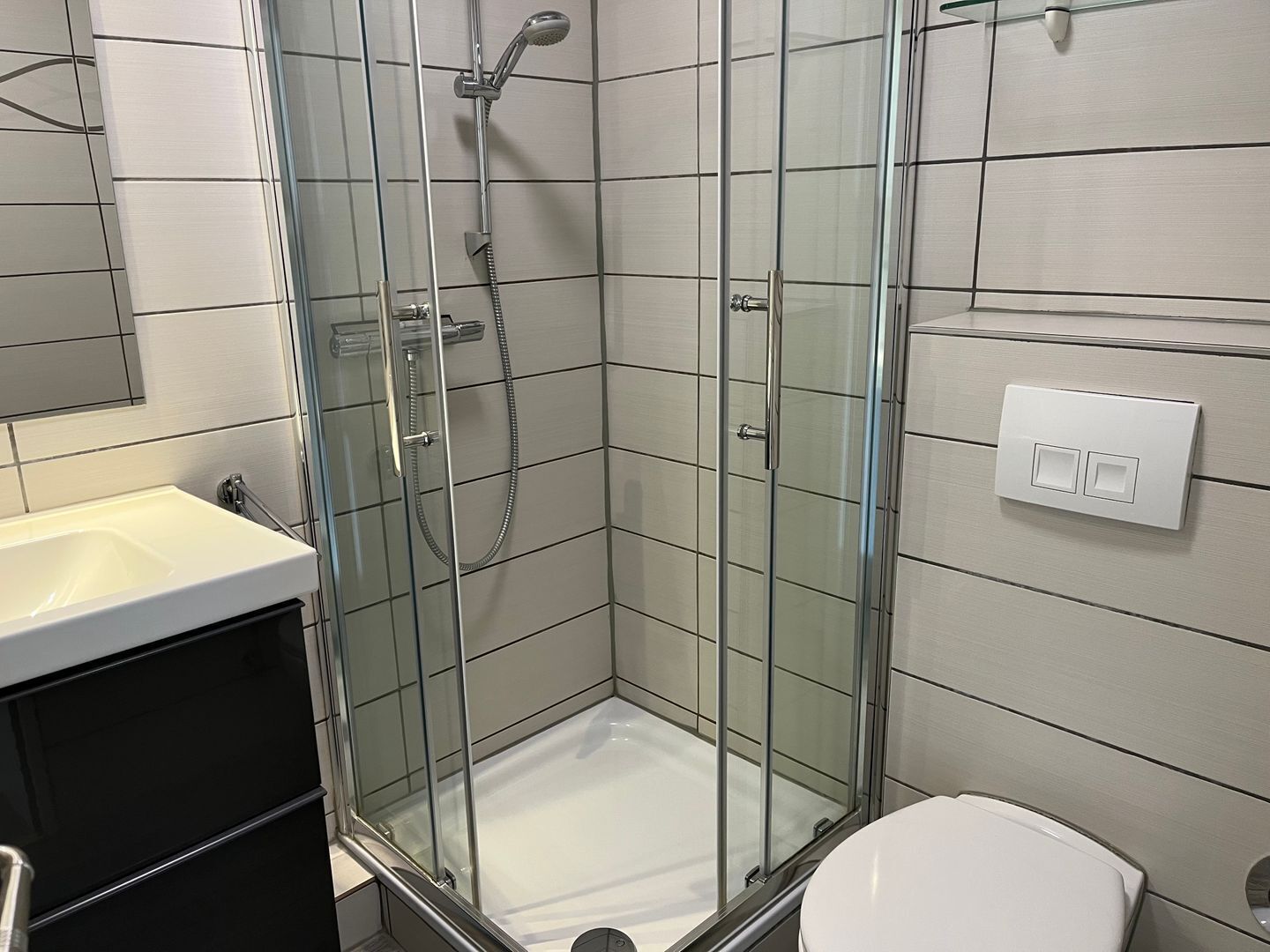 A modern bathroom with a glass-enclosed shower, a white sink, and a toilet.