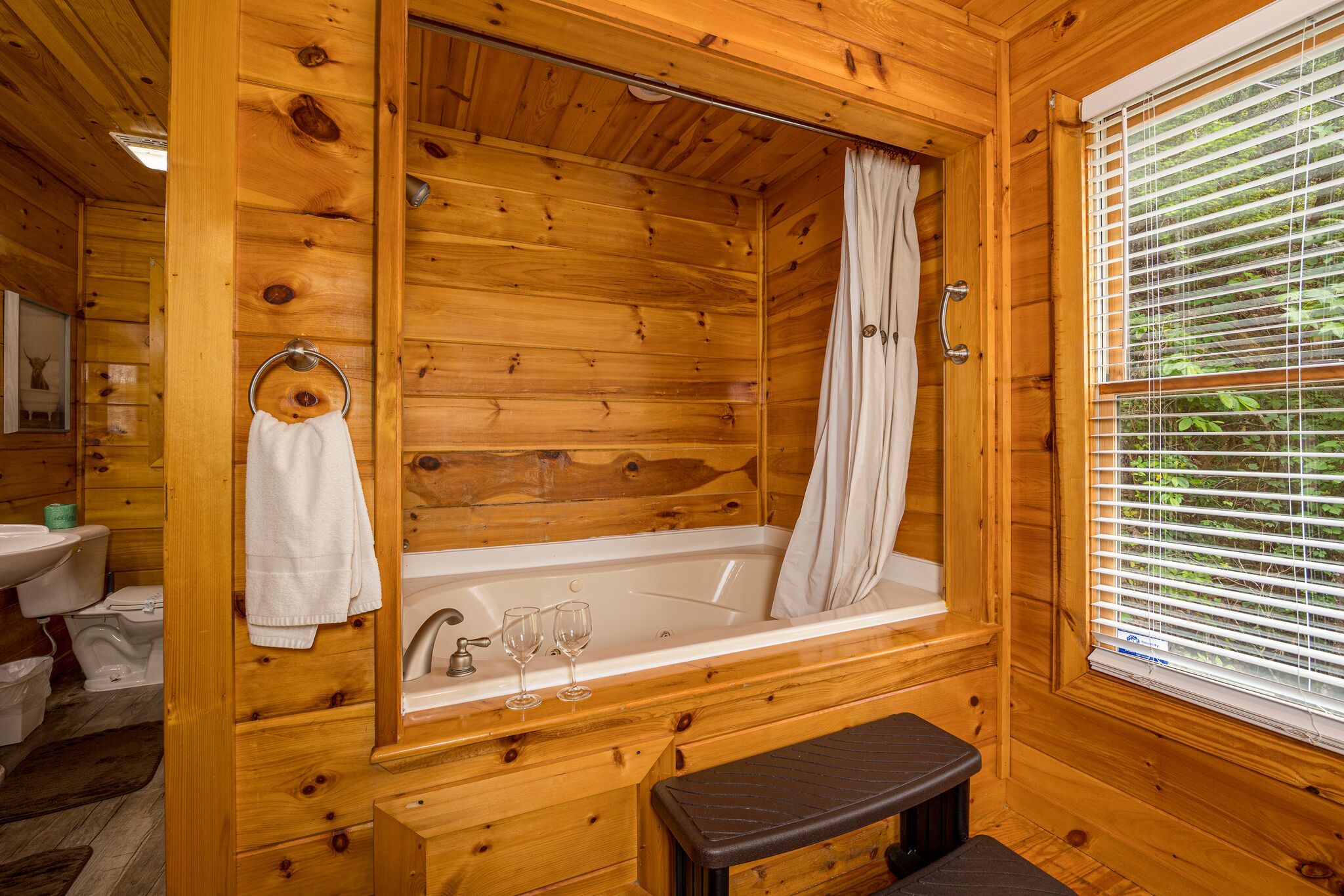 Shower, jetted tub, hair dryer, towels