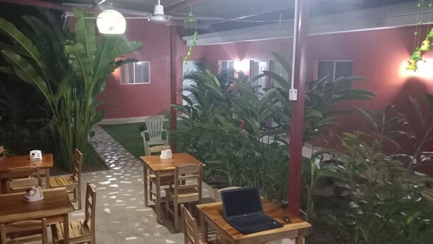 Un comedor interior con mesas y sillas de madera, plantas en macetas y suelo de baldosas.