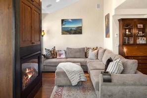 Televisión, chimenea, reproductor de DVD y libros 