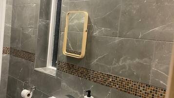 Shower, hair dryer, soap, toilet paper