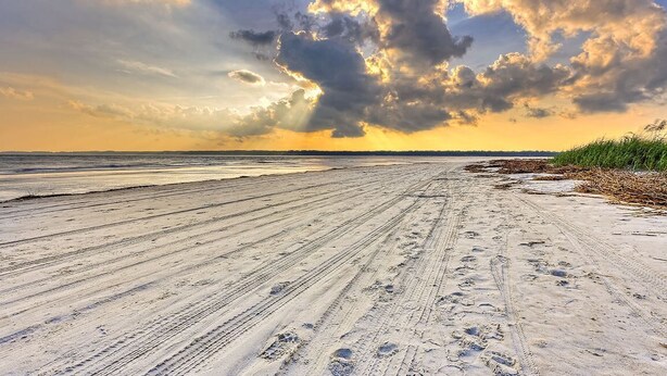 Une vaste plage de sable où l’on peut voir des traces de pneus et des empreintes de pas, qui mènent à l’eau.