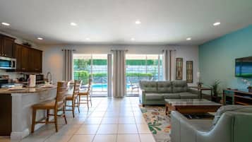 Smart TV, fireplace, video games, foosball