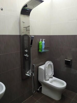 Douche, douche à « effet pluie », sèche-cheveux