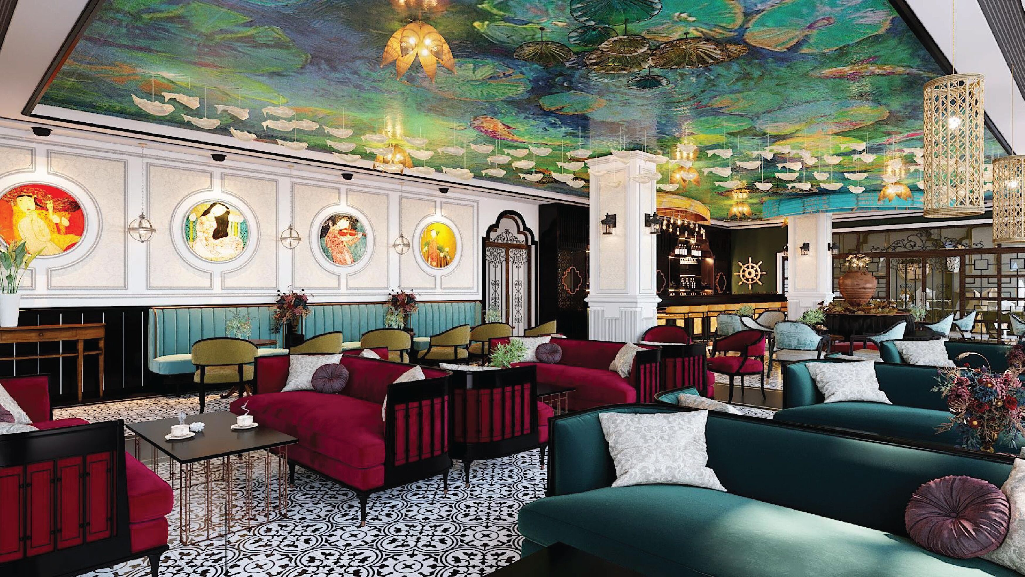 Un salon luxueux agrémenté d’une fresque murale colorée, de fauteuils confortables et d’un espace bar.
