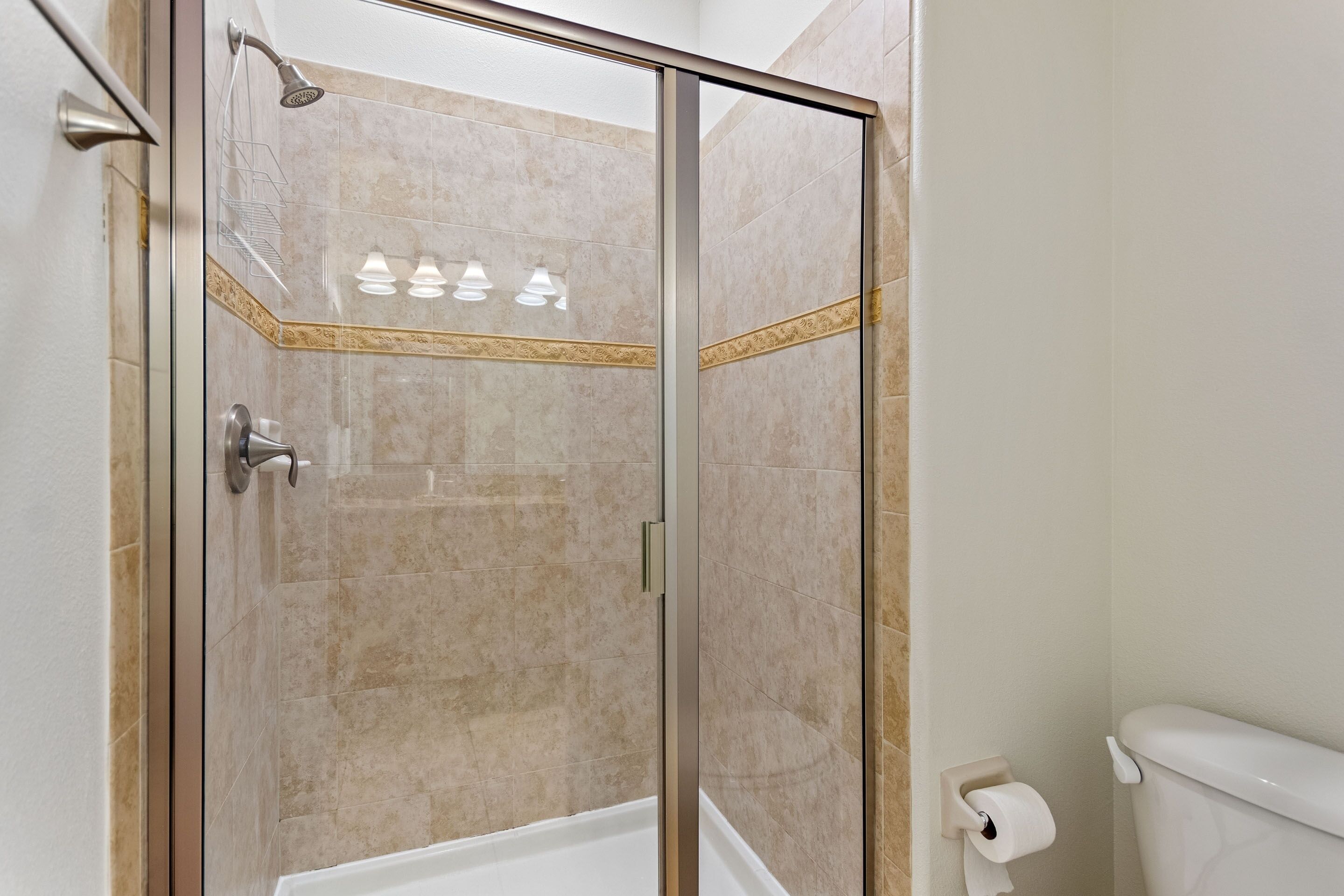 A glass-enclosed shower with a showerhead, a toilet, and a roll of toilet paper on the wall.
