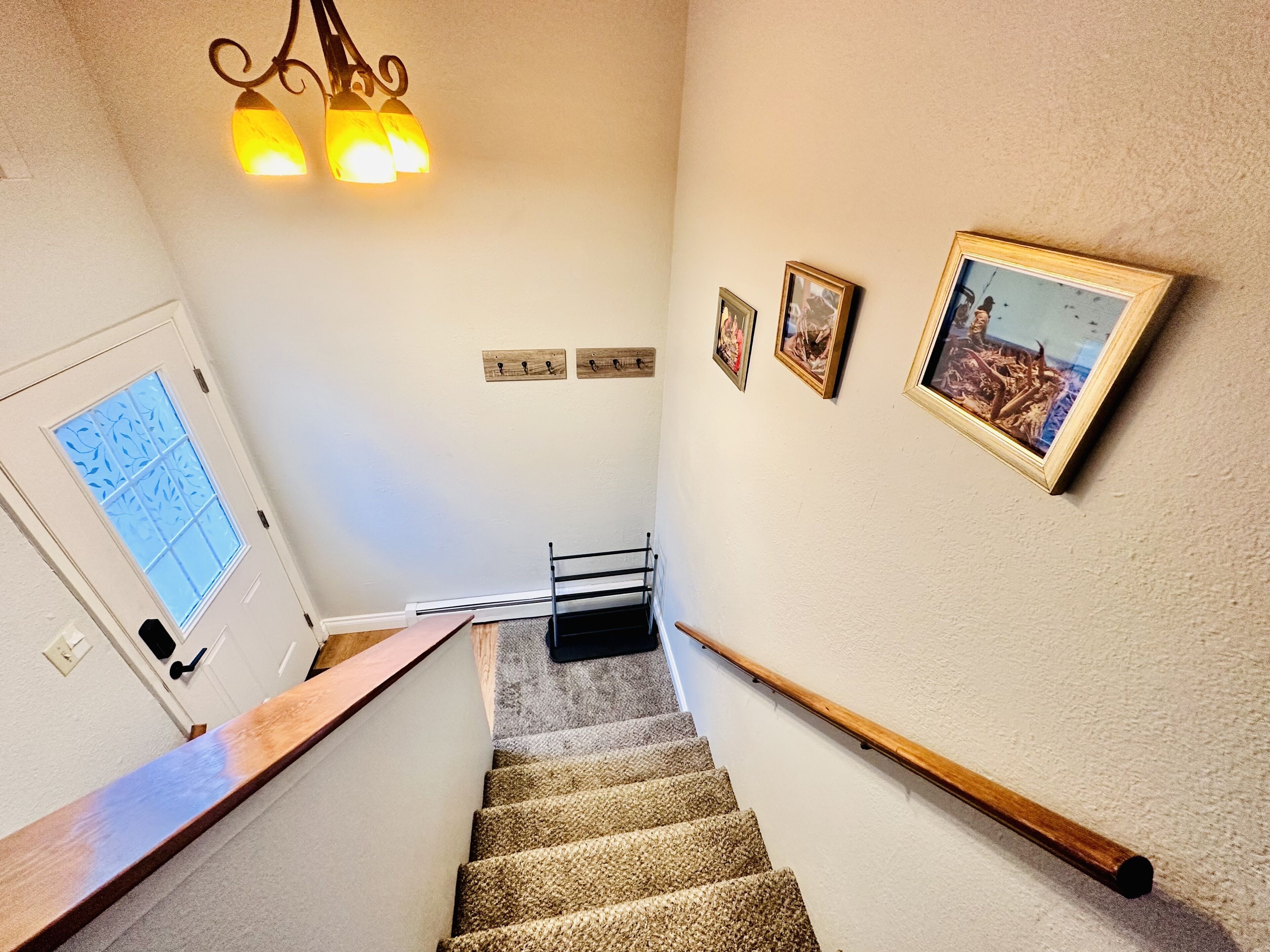 Un escalier recouvert de moquette, avec une rampe en bois, un luminaire au-dessus et une porte avec une fenêtre sur le côté gauche.