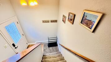 Un escalier recouvert de moquette, avec une rampe en bois, un luminaire au-dessus et une porte avec une fenêtre sur le côté gauche.