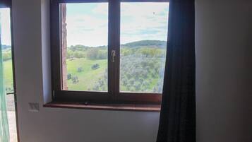 A room with a window overlooking a green landscape.