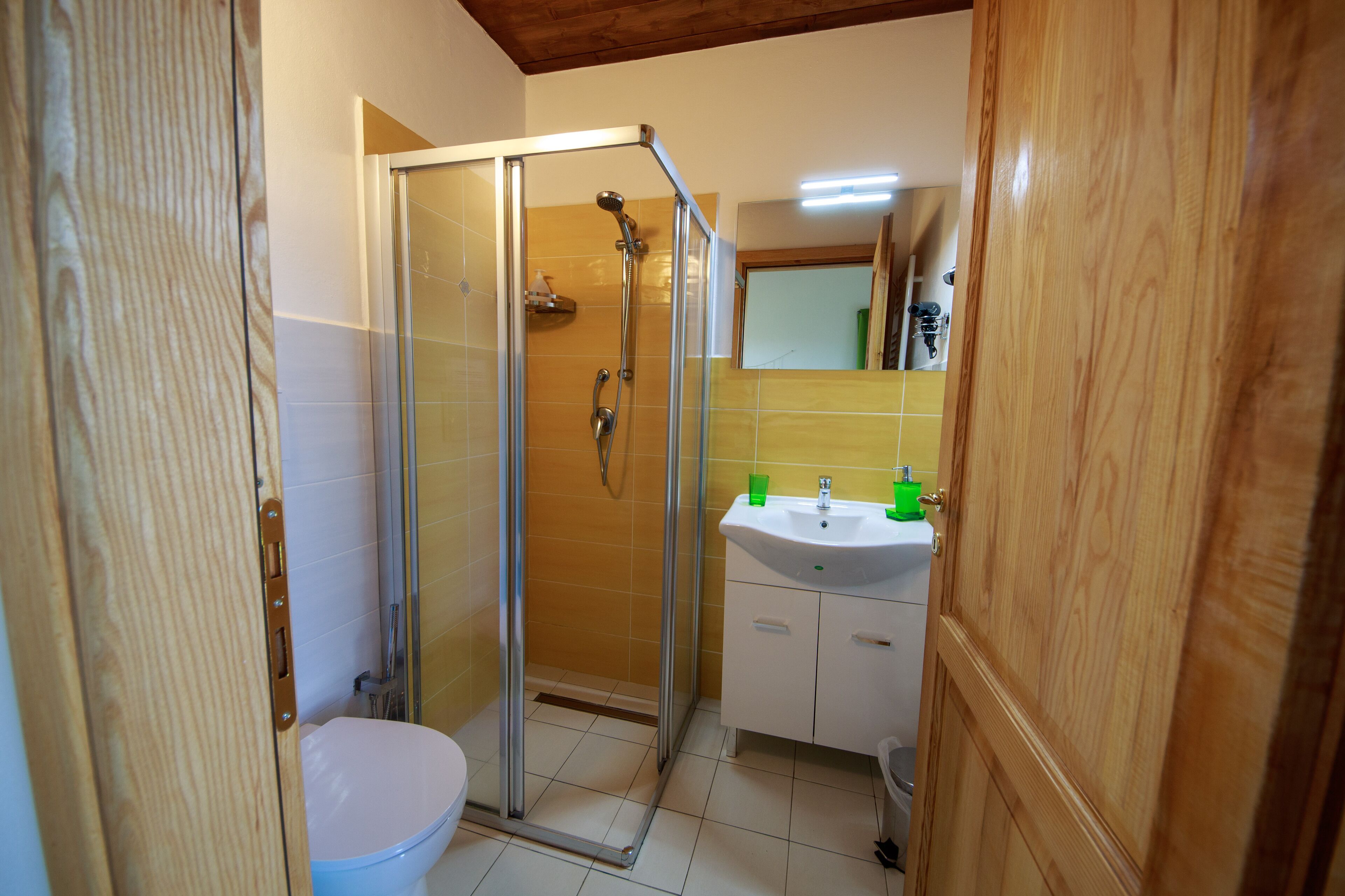 A bathroom with a glass-enclosed shower, a white toilet, and a sink with green soap dispensers.