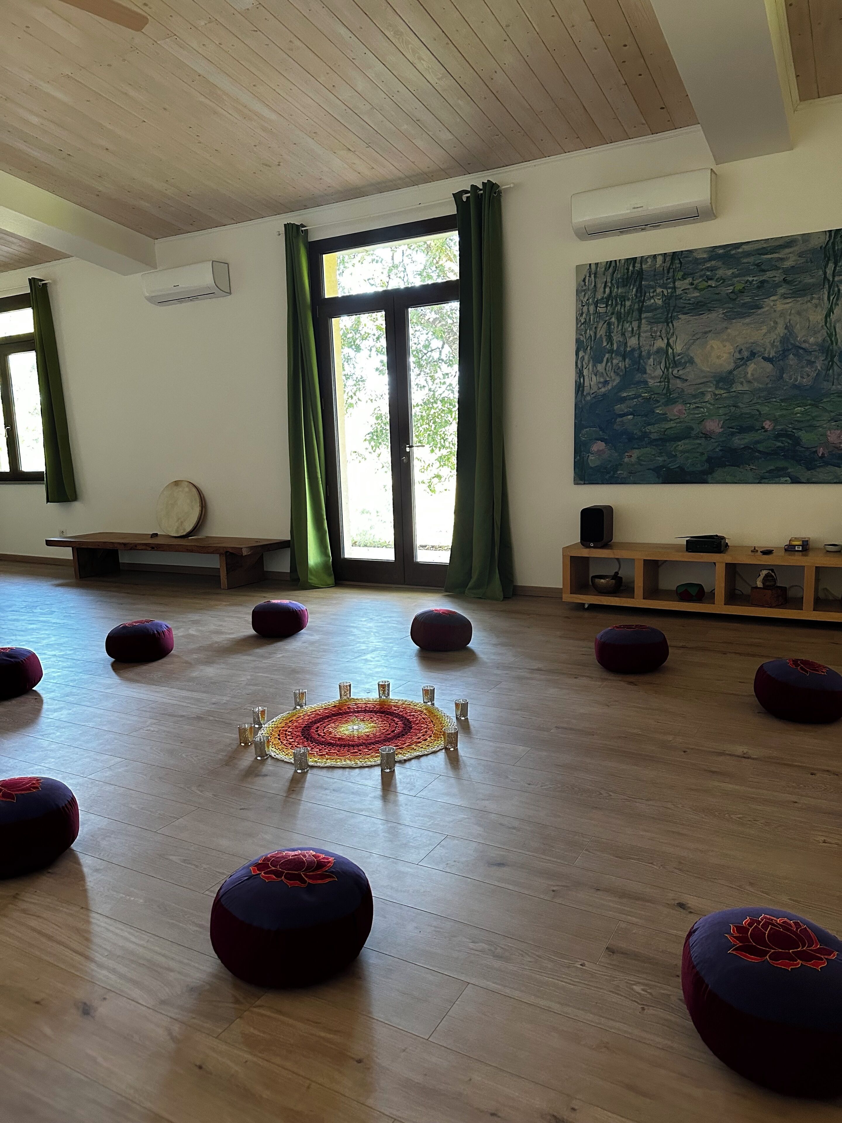 Um quarto espaçoso com piso de madeira, um tapete circular central e vários almofadas redondas.