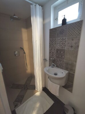 Regadera, secadora de cabello, toallas, papel de baño 