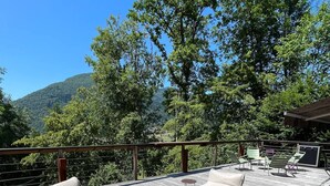 Terraza exterior con mobiliario de mimbre, una mesa de centro de madera y vistas a una montaña boscosa.