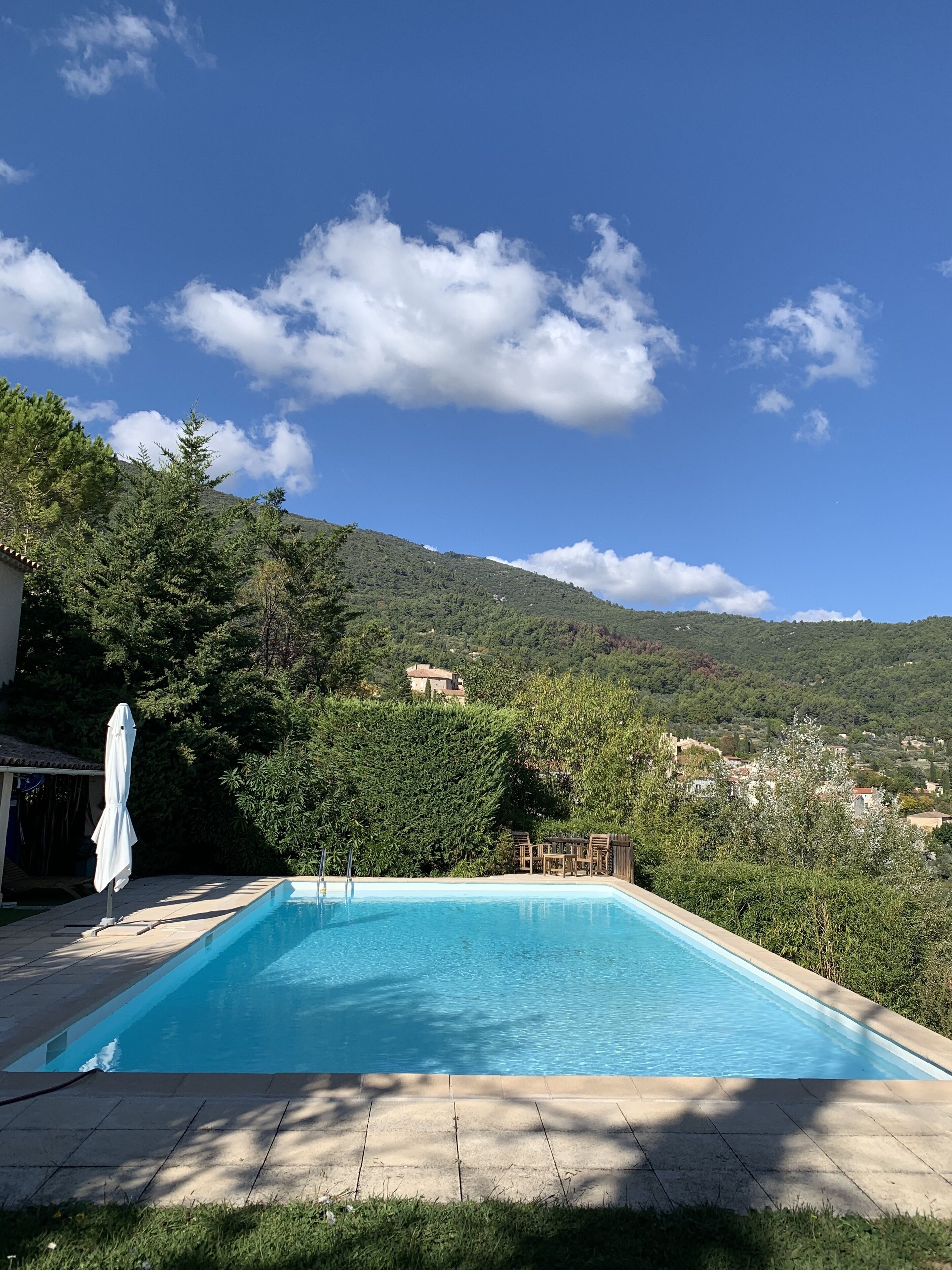 A rectangular pool with a clear blue sky above, surrounded by lush greenery and a mountain in the background.