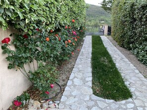 A stone pathway bordered by a hedge and a wall with flowering plants.
