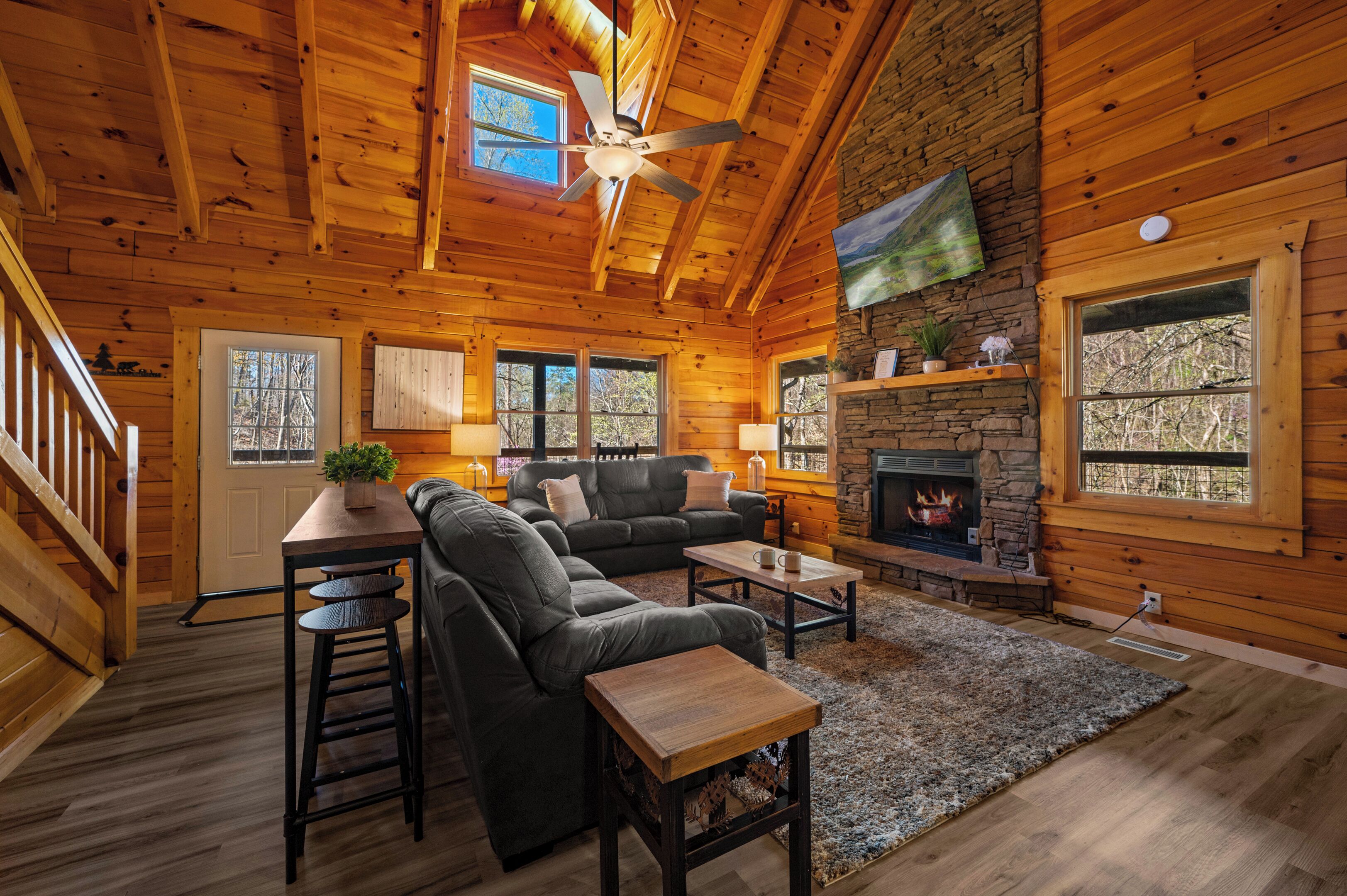 TV, fireplace, table football