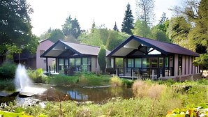 Two modern buildings with large windows, a pond, and a waterfall in the foreground. - Romantic / Valentines Lodge by Loch Lomond (Alexandria)