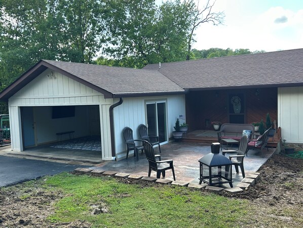 A single-story house with a covered patio area.