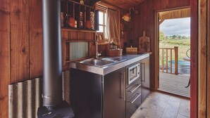 A rustic cabin kitchen with a large stove, wooden shelves, and a view of the outdoors.