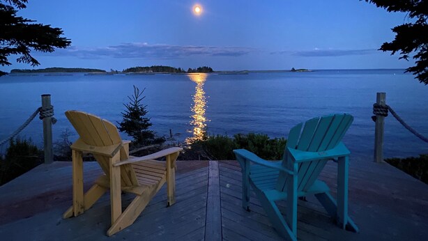A wooden deck with two Adirondack chairs facing a calm body of water at dusk. - Stunning Ocean Front cottage, minutes from the beach (bayswater)
