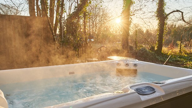 Un bain à remous installé dans un cadre naturel, entouré d’arbres et avec un mur en bois en arrière-plan.