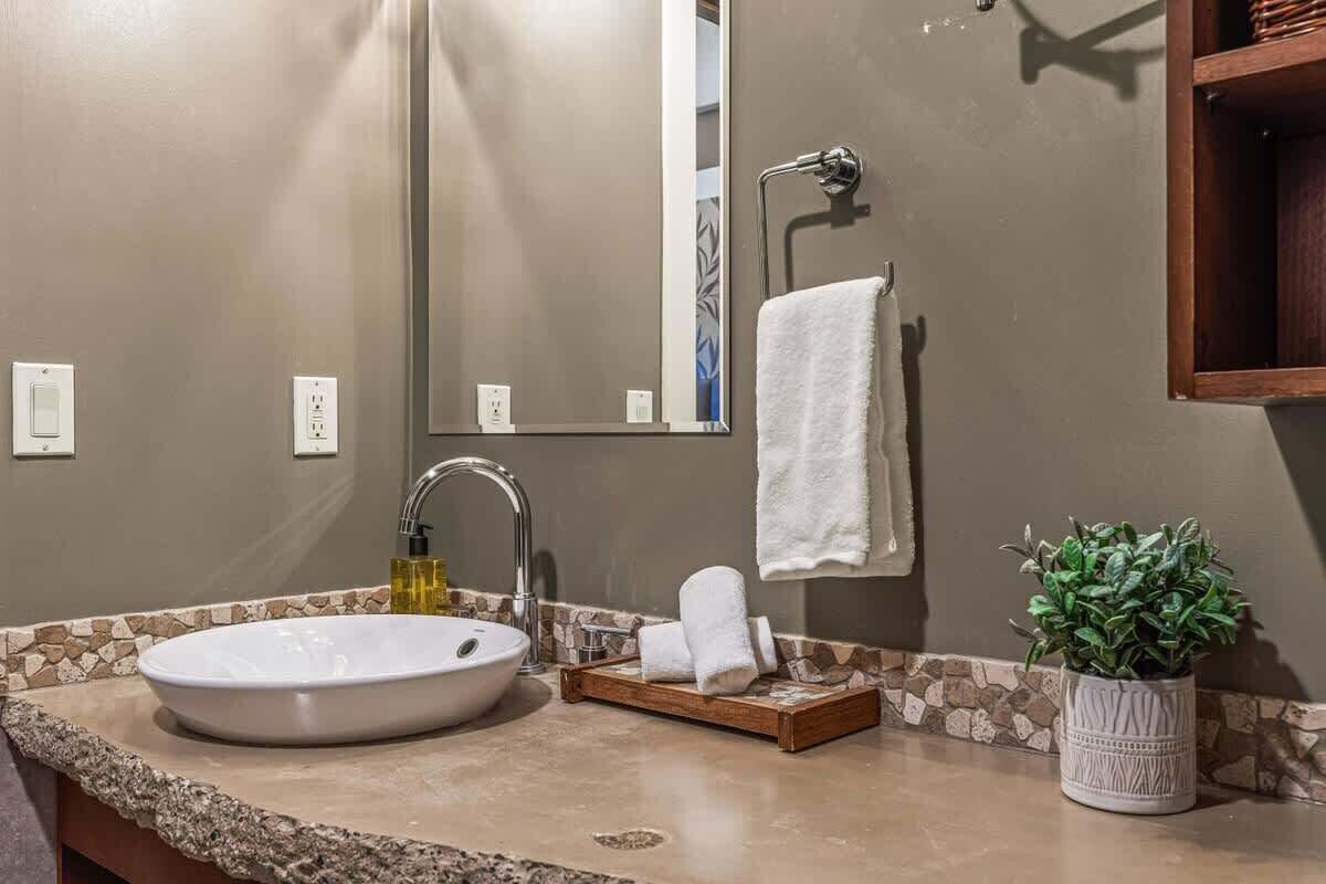 A bathroom with a white sink, a mirror, a towel rack, and a potted plant.